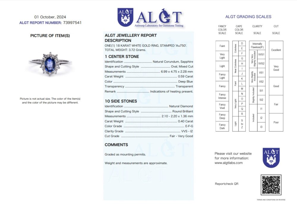 Vaessen Colours 18K Witgouden 0.59ct Blauwe Saffier/Briljant Ring ER750WGSA4 - Afbeelding 2